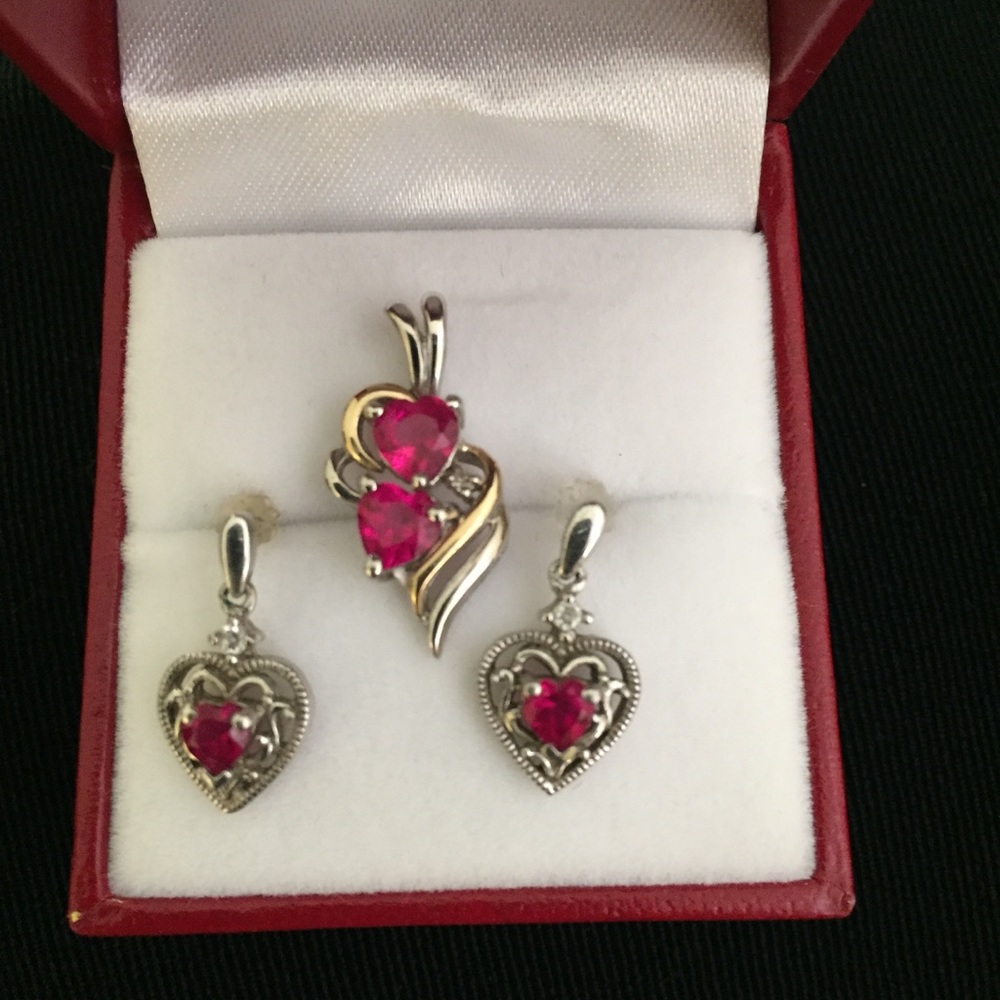 14K Sterling Silver Ruby Heart Pendant/Earrings